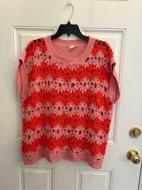 BiBi Pink and Red Floral Crochet Knit Sweater Vest